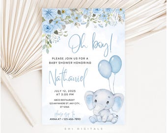May include: Baby shower invitation with watercolor floral design in shades of blue. The invitation reads "Oh boy!" and includes details for a baby shower honoring Nathaniel, with an illustration of a baby elephant and balloons.