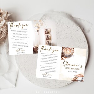 May include: Baby shower thank you cards with a coffee theme. The cards have a watercolor design with coffee beans and a cup of coffee. The text on the card says "Thank you" and "Sharena's Baby Shower 07.17.2023".