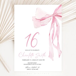 Pink Bow Sweet 16 Invitation: Coquette Birthday Template (Digital Download)