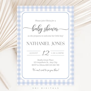 blue gingham baby shower invitation printable blue gingham baby shower invite editable boy backyard baby-q picnic party invitation BG01
