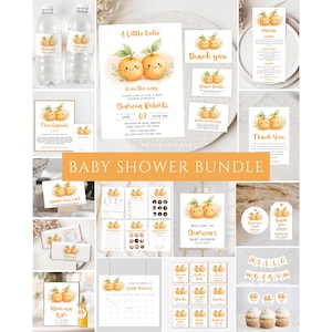 Könnte beinhalten: Ein Babyparty-Papeterie-Set mit Aquarell-Illustrationen von Orangen mit lächelnden Gesichtern. Das Set enthält Einladungen, Menükarten, Dankesanhänger, Wasserflaschenetiketten, Cupcake-Topper, Spielkarten und Banner mit orangefarbenen Akzenten.