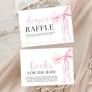 Tarjeta de rifa de pañales con lazo rosa Tarjeta de rifa de pañales para baby shower con lazo rosa Plantilla de rifa de pañales editable Rifa de pañales para niña imprimible