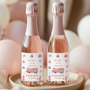 Etichetta per champagne pompieri, etichetta per vino di compleanno, mini etichette per champagne per camion dei pompieri, modello modificabile per etichetta per vino champagne pompiere