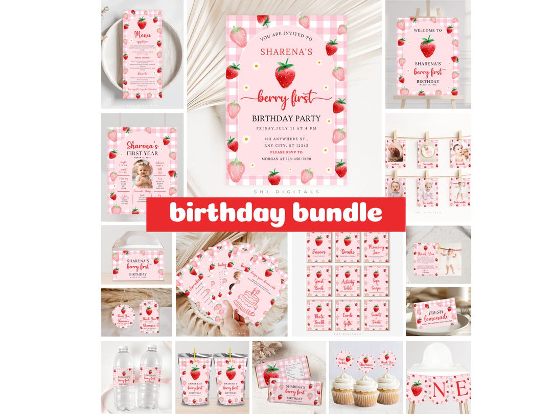 Berry First Birthday Party Bundle Pink Gingham Party Template BF01 ...