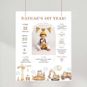 Könnte beinhalten: Personalisiertes Poster zum ersten Geburtstag eines Kindes, mit Foto und Details wie Größe (56 cm), Gewicht (13,6 kg) und Vorlieben. Enthält Illustrationen zum Thema Bau und den Text "NATHAN'S 1ST YEAR!"