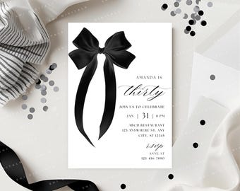 Editable Black Bow 30th Birthday Invitation Elegant Coquette Party
