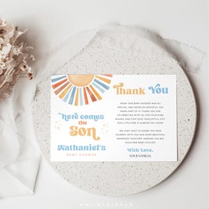 Plantilla de tarjeta de agradecimiento editable "Aquí viene el hijo", tarjeta de agradecimiento imprimible, tarjeta de sol, tarjeta de agradecimiento de sol, baby shower para hijo