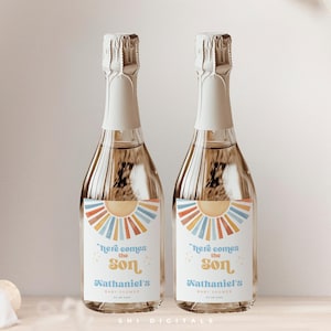 Aquí viene el hijo, etiqueta de champán, etiqueta de vino Sunshine Aquí viene el hijo, mini etiquetas de champán, etiqueta editable, etiqueta de vino y champán