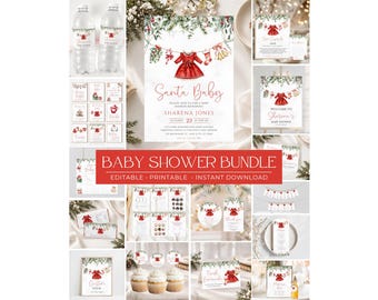 May include: A baby shower bundle featuring printable stationery, water bottle labels, and party decor. The designs include watercolor illustrations of a red dress, stockings, and bells hanging on a clothesline with greenery accents.