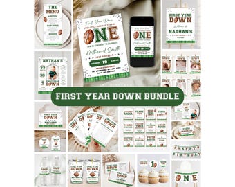 First Year Down Birthday Bundle Football First Birthday Party Kit Rookie Year Football Birthday Decor First Down Birthday Invite Bundle FB01