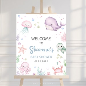 under the sea baby shower welcome sign ocean animals baby shower poster editable seawater welcome sign printable under the sea US02