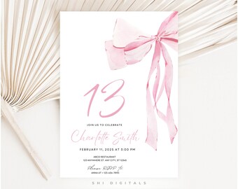Editable Pink Bow 13th Birthday Invitation Coquette Theme