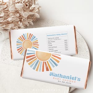 Aquí viene el hijo, envoltorio de chocolate, plantilla de envoltorio de barra de chocolate, plantilla de baby shower de sol bohemio, etiquetas de chocolate, recuerdos de barra de chocolate