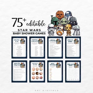 Puede incluir: Un conjunto de juegos de baby shower con temática de Star Wars. La imagen presenta tarjetas de juego con personajes de Star Wars como Yoda y Darth Vader. El texto incluye "75+ editable" y "Baby Shower Games".