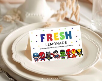 Superhero Food Labels Editable Birthday Party Tent Cards Digital Download SH01