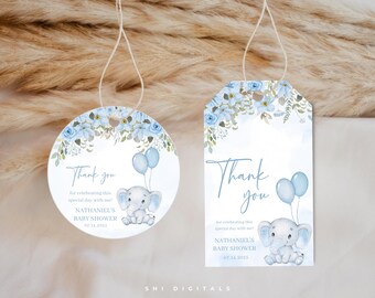 May include: Two baby shower tags, one round and one rectangular, with a blue floral design. Each tag features a baby elephant holding balloons, the text "Thank you," and baby shower details.