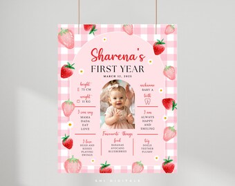Strawberry First Birthday Milestone Poster Editable Berry First Party Sign Digital Download BF01 My Berry First Year Milestone Board