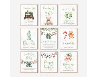 Pode incluir: Nove impressões em aquarela emolduradas com texto e ilustrações verdes. Os temas incluem um bar de casamento, livros e presentes, futura mamãe, bebidas, fraldas de última hora, lembrancinhas, não diga bebê, rifa de fraldas e bebês são doces.