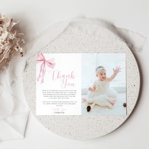 editable pink bow thank you card template printable thank you card bow thank you card pink bow thank you card 1st birthday girl card