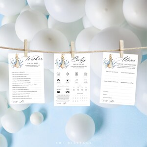 Cartes de voeux Peter rabbit pour baby shower, prédictions de baby shower, cartes modifiables pour baby shower, carte de voeux Peter rabbit pour baby shower