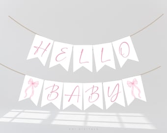 Editable Pink Bow Hello Baby Banner Template PB04 Printable Pink Bow Bunting Banner