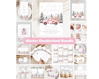 Pink Winter Onederland 1st Birthday Party Bundle (Editable Canva) WD01