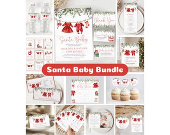Santa Baby Shower Invitation Bundle Christmas Baby Shower Editable Decor Holiday Baby Clothesline Invite Merry Little Baby Shower SB03