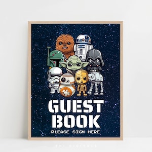 Peut inclure: Impression encadrée avec des personnages de Star Wars en dessin animé, dont Chewbacca, Yoda et Dark Vador, sur fond bleu étoilé. Les mots « GUEST BOOK » et « PLEASE SIGN HERE » sont affichés en blanc.