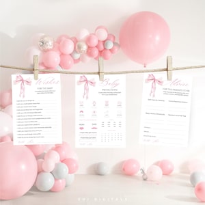 Cartes de vœux modifiables pour baby shower avec nœud rose Prédictions de baby shower