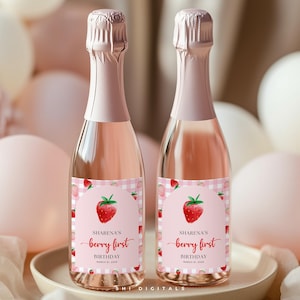 Etichetta per champagne Berry First, etichetta per vino di compleanno Berry, mini etichette per champagne Berry First a quadretti rosa, etichette per champagne Berry First BF01