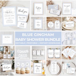 blue gingham baby shower party favor bundle printable blue gingham invitation editable baby shower boy picnic BBQ party bundle BG01