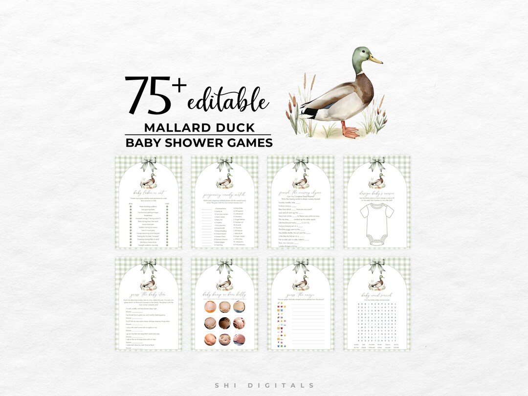 75+ Editable Mallard Duck Baby Shower Games Bundle Green Gingham Duck ...