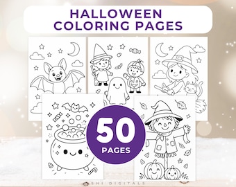 May include: A collection of Halloween coloring pages featuring various spooky characters and scenes. The pages include a bat, witch, ghost, pumpkin, and cauldron, all in a black and white line art style. The text "HALLOWEEN COLORING PAGES" is at the top.