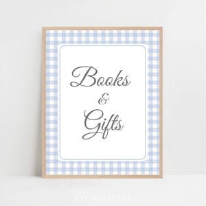 books and gifts sign blue gingham baby boy picnic baby shower books and gifts boy barbecue backyard blue gingham baby shower checkered BG01