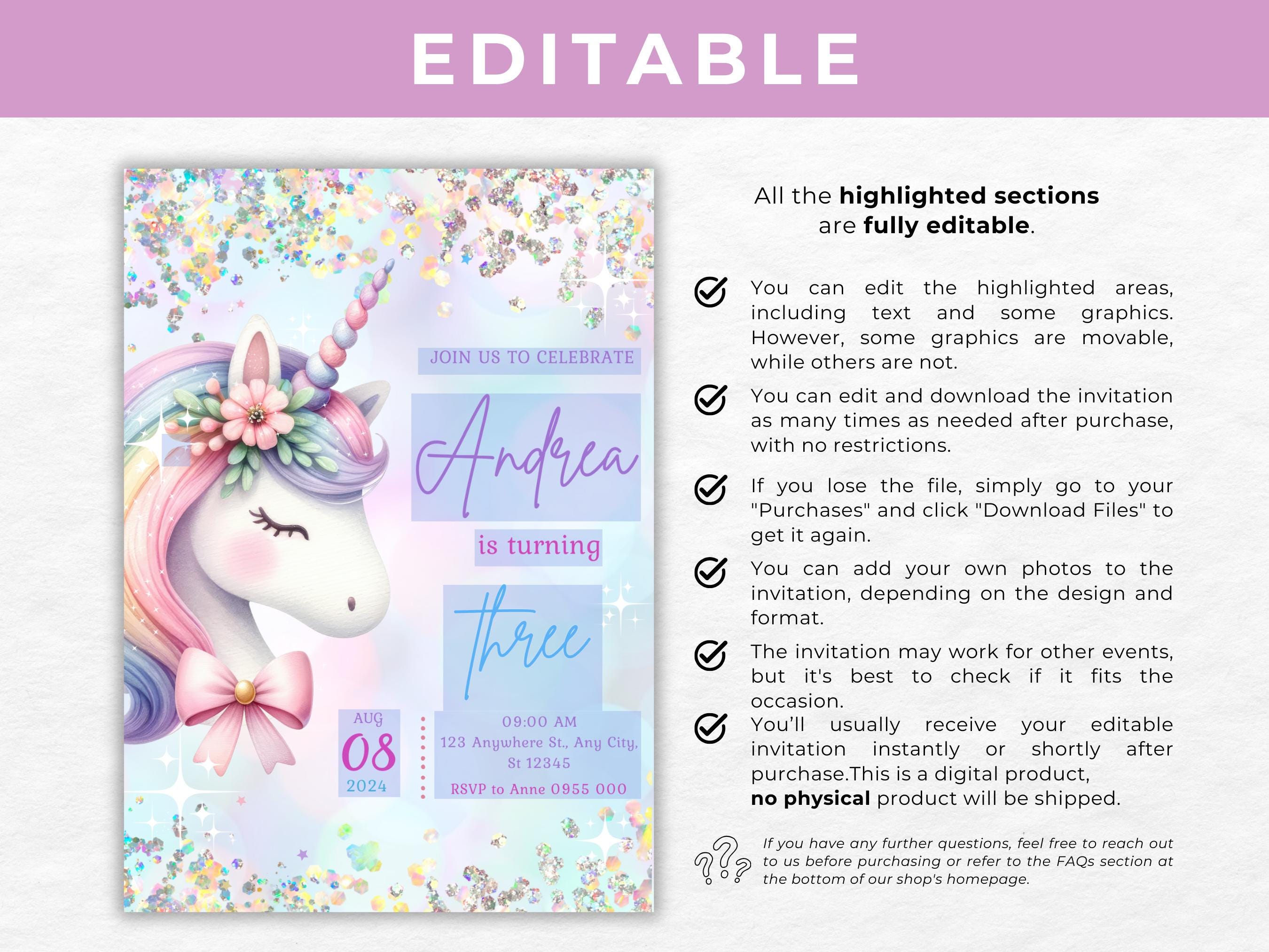 Unicorn Birthday Invitation Template Editable Party Invite - Etsy