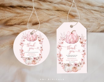 May include: Two baby shower gift tags with a watercolor design. The tags are light pink with a pumpkin illustration and floral accents. The text "thank you" is written in cursive. The tags are for Sharena's baby shower.