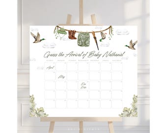 May include: A baby shower calendar with the text "Guess the Arrival of Baby Nathaniel." The design includes watercolour illustrations of hunting gear, ducks, and clouds. The calendar has spaces for the months of April and May.