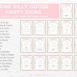 one silly goose birthday party signs bundle pink bow one silly goose custom sign bundle editable one silly goose birthday party signs SG01
