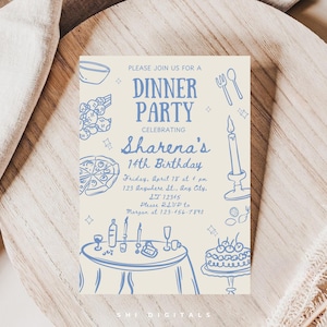 editable dinner party invitation whimsical birthday handdrawn invite retro invitation dinner adult party invite birthday dinner party invite