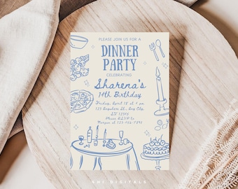 Hand-Drawn Birthday Dinner Party Invitation Retro Whimsical