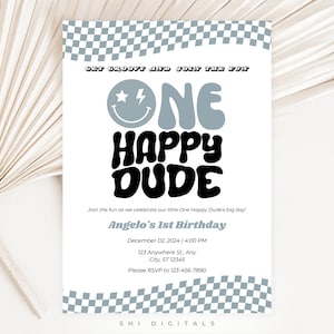 one happy dude blue invitation editable retro one happy dude blue birthday blue smiley invitation one happy dude blue mobile invitation