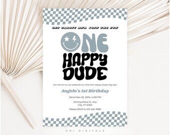 Blue One Happy Dude Birthday Invitation Blue Smiley Theme