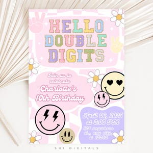 Invitación de cumpleaños de dos dígitos, cara sonriente a cuadros, cumpleaños de adolescente, parche universitario, letra, cumpleaños retro genial, décimo cumpleaños