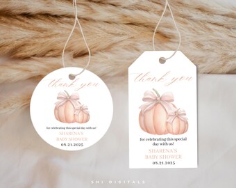 May include: Two baby shower favor tags. One is round, the other rectangular. Both feature a watercolor illustration of two pumpkins with bows. The text reads "Thank you", "for celebrating this special day with us!", and "SHARENA'S BABY SHOWER 08.21.2025".