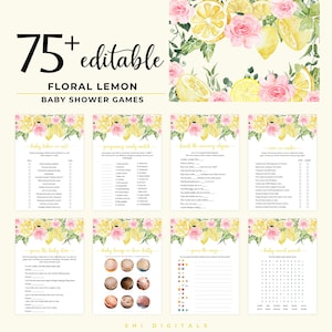 75+ pink floral lemon baby shower games printable lemonade baby shower party games fun activity game summer citrus lemon baby shower FL01