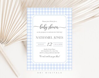 Editable Blue Gingham Baby Shower Invitation Printable Backyard Baby-Q Canva Template BG01
