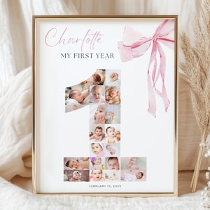 pink bow 1st birthday photo collage milestone decor printable my first year pink bow first birthday sign editable my first year collage PB01