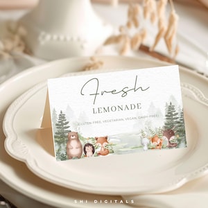 Etichette per alimenti del bosco, modello modificabile per baby shower, biglietti da visita personalizzati per tende da campeggio, etichette per alimenti stampabili, modello per etichette per alimenti del bosco