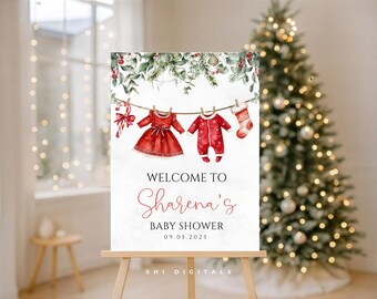 Editable Santa Baby Baby Shower Welcome Sign SB03 Winter Christmas Holiday Baby Shower Sign Merry Little Baby Shower Clothesline Sign