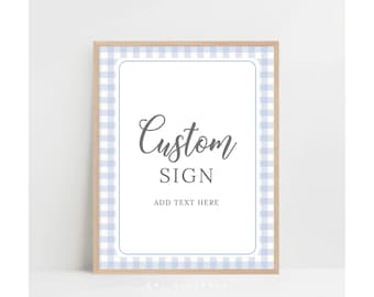 blue gingham custom sign editable boy gingham table sign custom boy barbeque backyard sign blue gingham baby shower table sign BG01